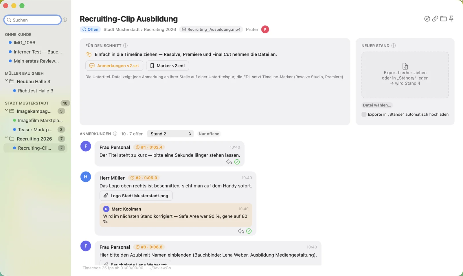 ReviewGo Edit: das Fenster neben der Timeline